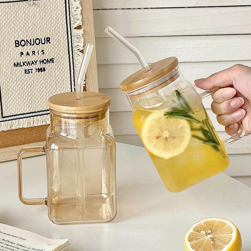 大容量带吸管杯高颜值方形带盖子玻璃果茶夏天大人女生家用喝水杯