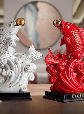 陶瓷红黄色鲤鱼跃龙门摆设年年有余鱼家居饰品玄关家居招财摆件