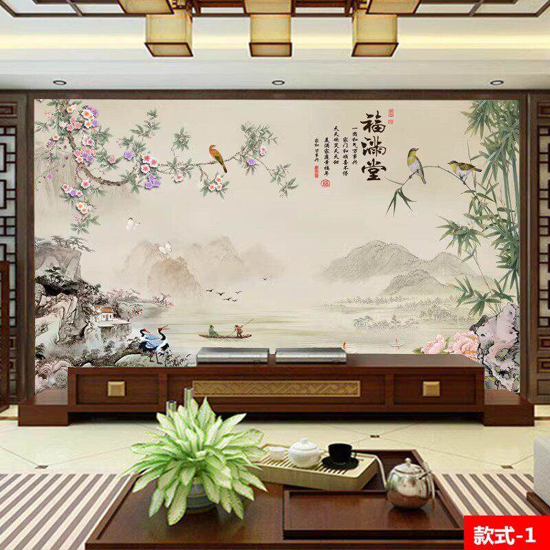 客厅新中式电视背景墙壁纸3d立体壁画 画定制简约壁布山水画 画花