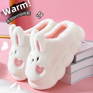 新厚底棉拖鞋的妇女室内高跟可爱的兔子毛绒拖鞋冬季袋与温暖的坐