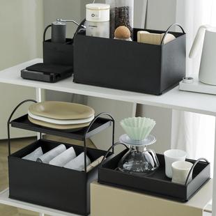 桌面收纳 简约风格 采购产品黑色皮革收纳托盘 高档化妆品收纳架