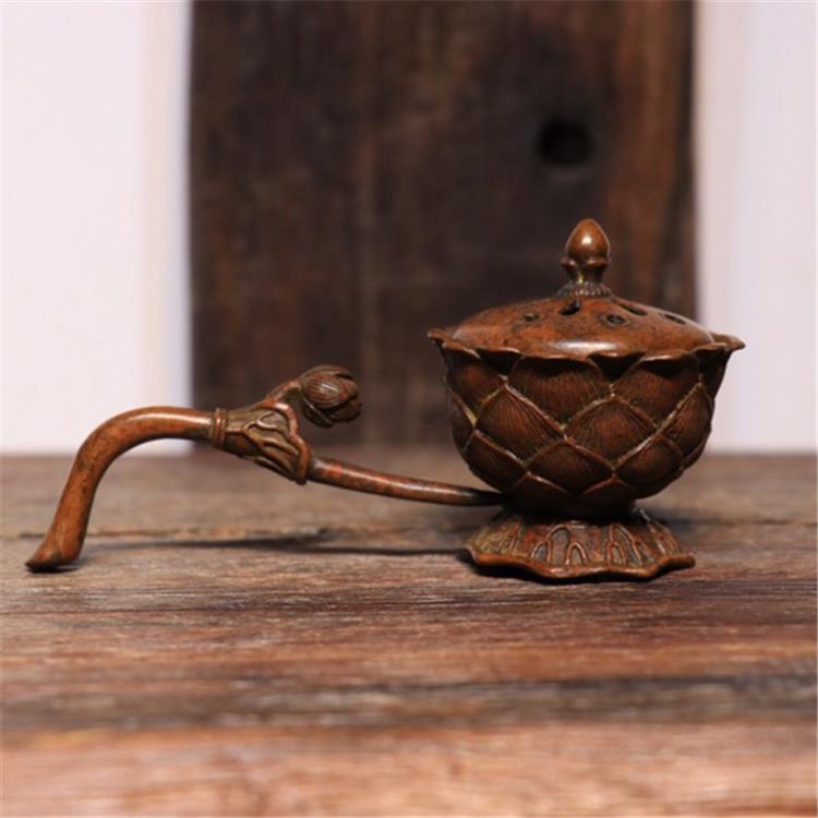 纯铜手工仿古实心紫铜茶宠小物件 手持莲花熏香炉手把件 茶道摆件