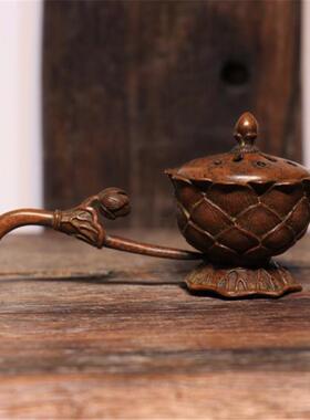 纯铜手工仿古实心紫铜茶宠小物件 手持莲花熏香炉手把件 茶道摆件