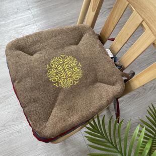 新中式亚麻马蹄形餐椅垫坐垫椅子垫子家用弧形座垫四季透气薄绑带