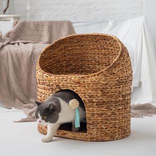 通用水葫芦编织双层猫房子猫屋夏季 猫窝四季 凉窝半封闭可拆洗帐篷