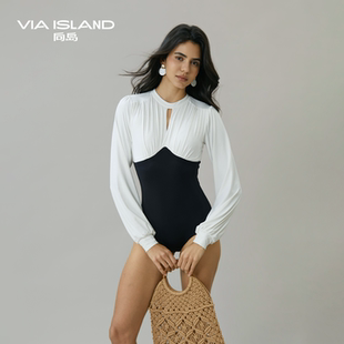 VIA 黑白拼色显瘦气质连体泳衣温泉泳衣女度假 ISLAND向岛2025新款