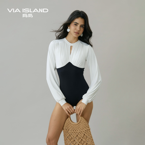 【黄圣依同款】VIA ISLAND向岛新款连体黑白拼色显瘦泳衣女度假