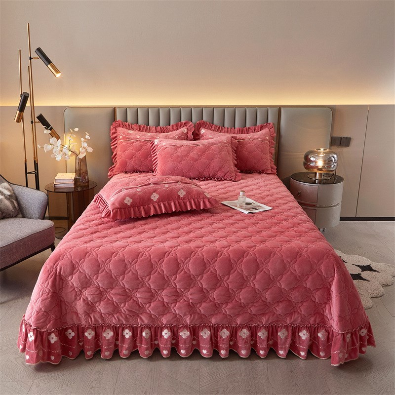 新款冬宝宝绒刺绣单床盖柔软舒适防尘隔脏床铺盖纯色百搭加绒加厚