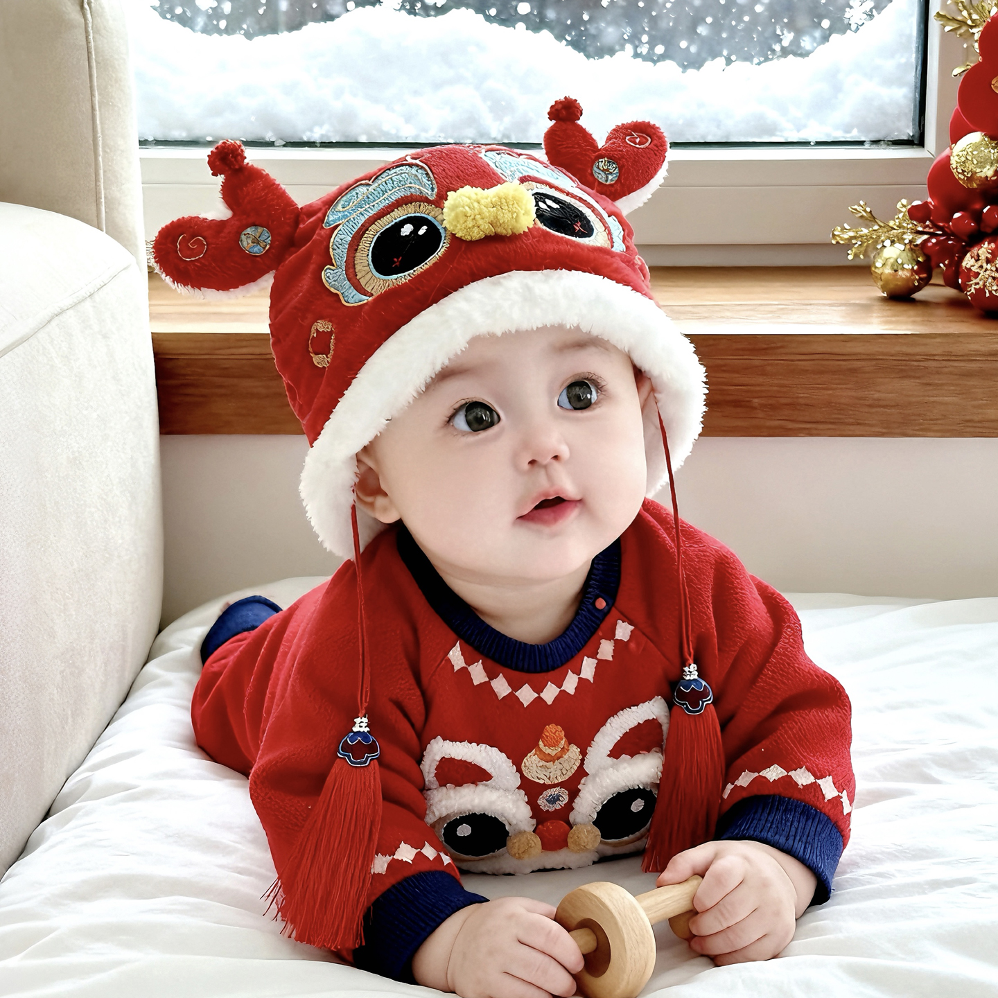 兔七宝毛绒帽护耳帽醒狮设计洋气