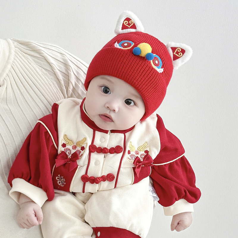 兔七宝婴儿帽子秋冬季红色毛线帽