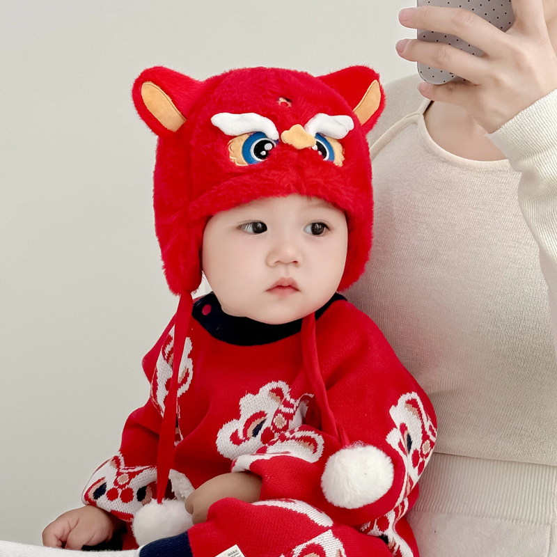 兔七宝婴儿帽子秋冬季红色护耳帽