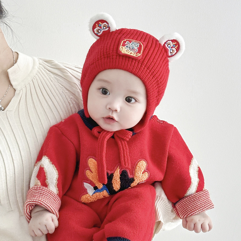 兔七宝婴儿帽子秋冬季红色护耳帽