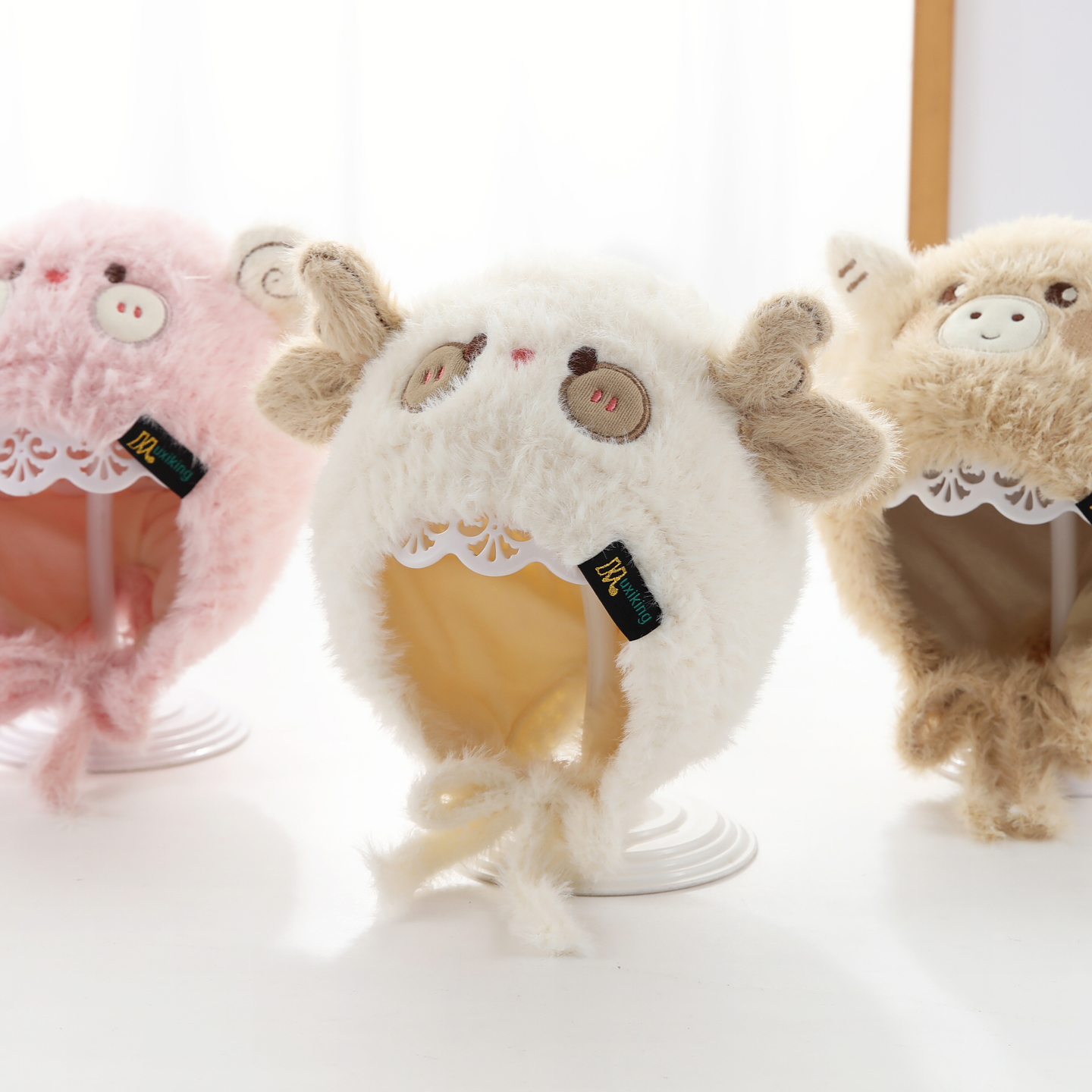 兔七宝毛绒帽护耳帽卡通小动物冬