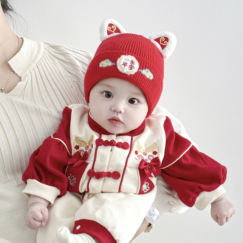 兔七宝婴儿帽子秋冬季红色毛线帽