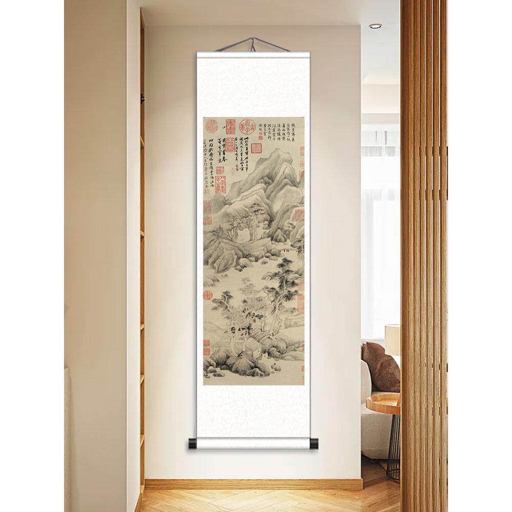 彷古画董其昌山水卷轴挂画风景画客厅办公室装饰画竖版玄关过道图