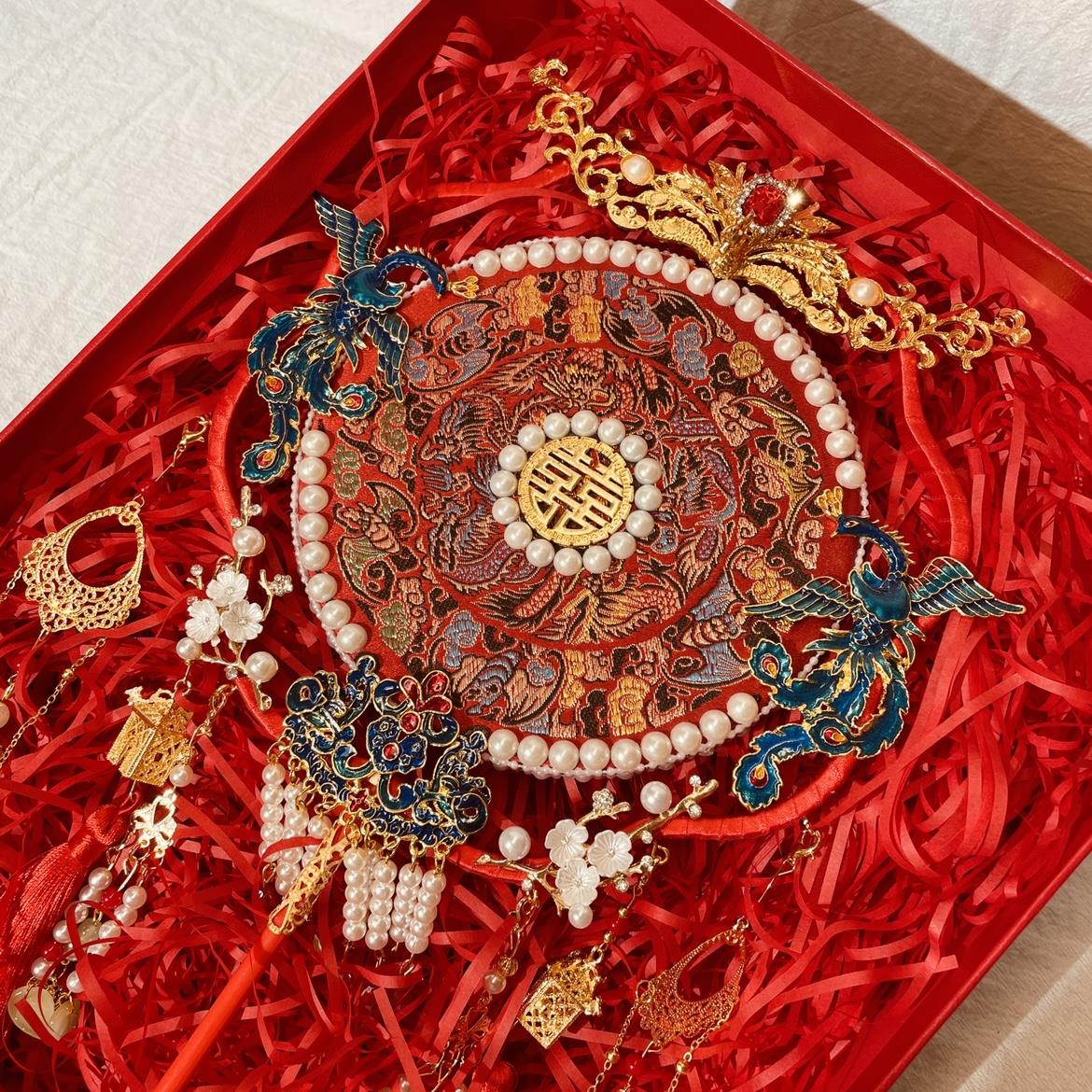 团扇新娘结婚婚礼diy材料喜扇秀禾手工婚扇高级成品中式扇子双面