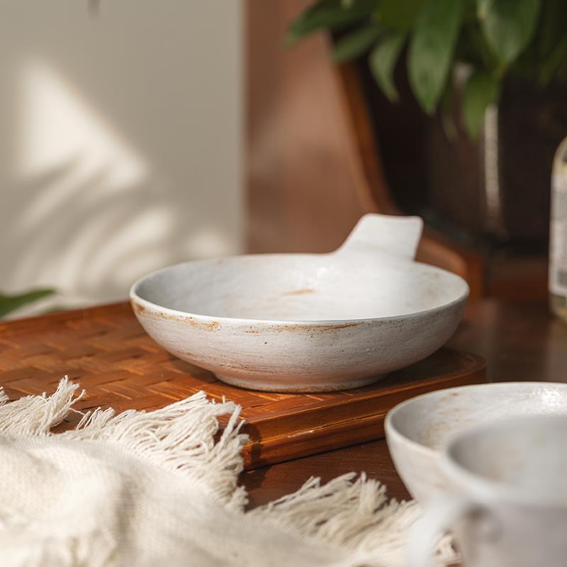 莳绘金缮粗陶日式单耳盘子手工复古盘圆形家用菜盘汤盘餐厅西餐盘