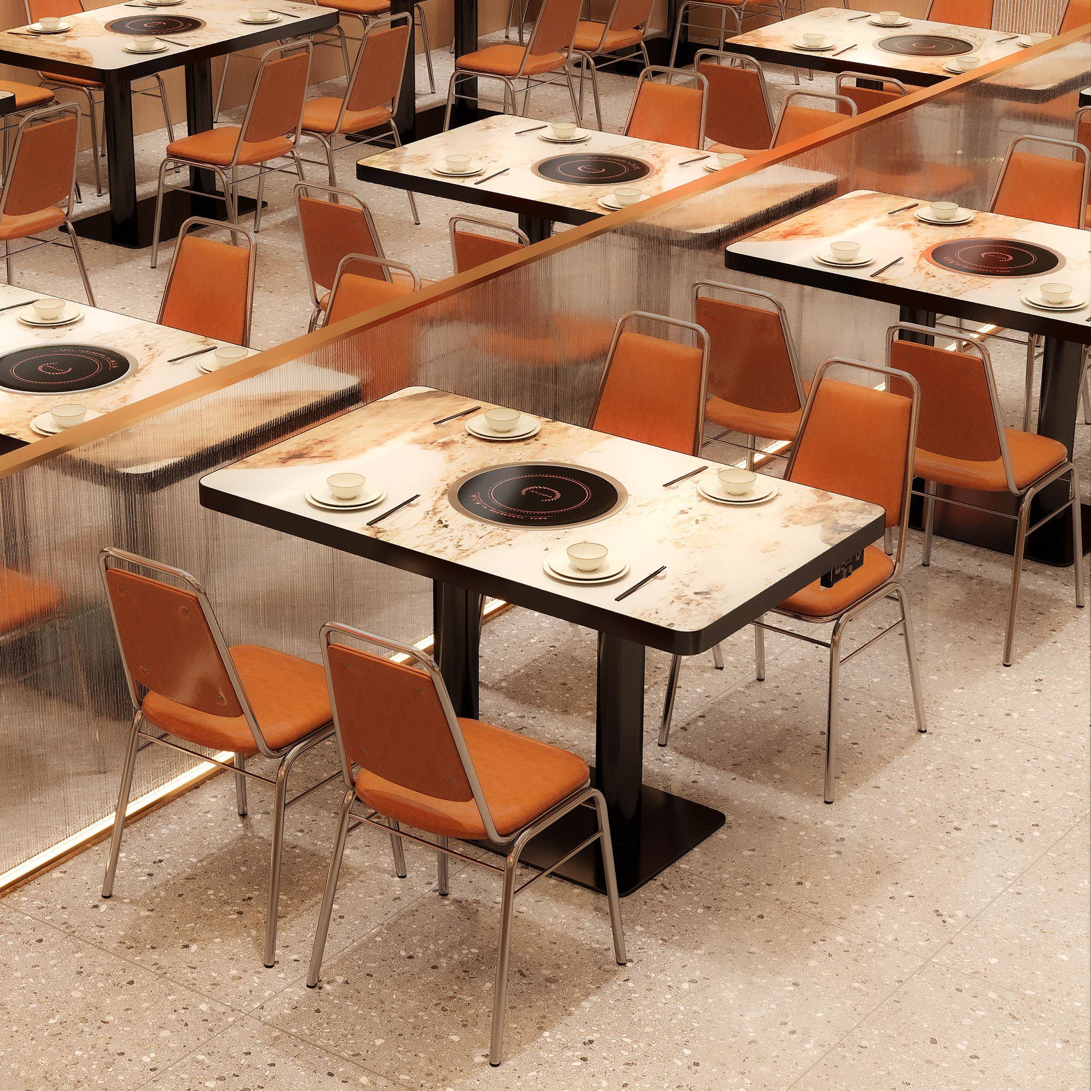 岩板火锅桌子商用下沉电磁炉一体可定制网红餐厅火锅店专用餐桌椅