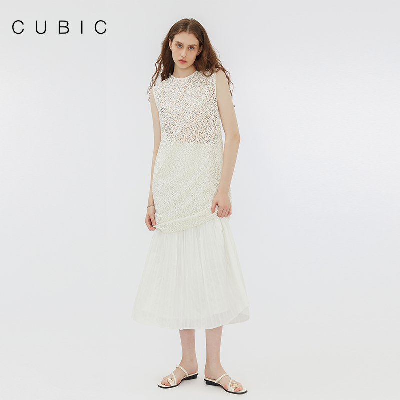 CUBIC圆领H型休闲镂空简约无袖女士气质连衣裙