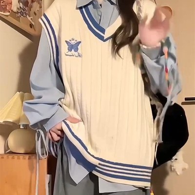 两件/套装甜美可爱蝴蝶绣花拼色叠穿针织衫背心马甲女+蓝色衬衫