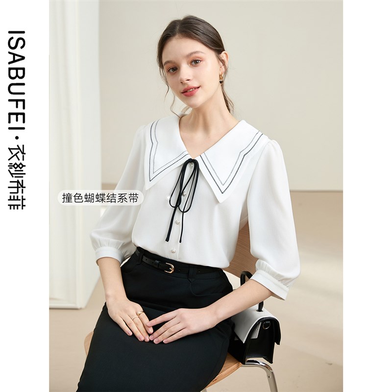 衣纱布菲雅凝 娃娃领雪纺衬衫2024新款女夏季蝴蝶结宽松白色衬衣