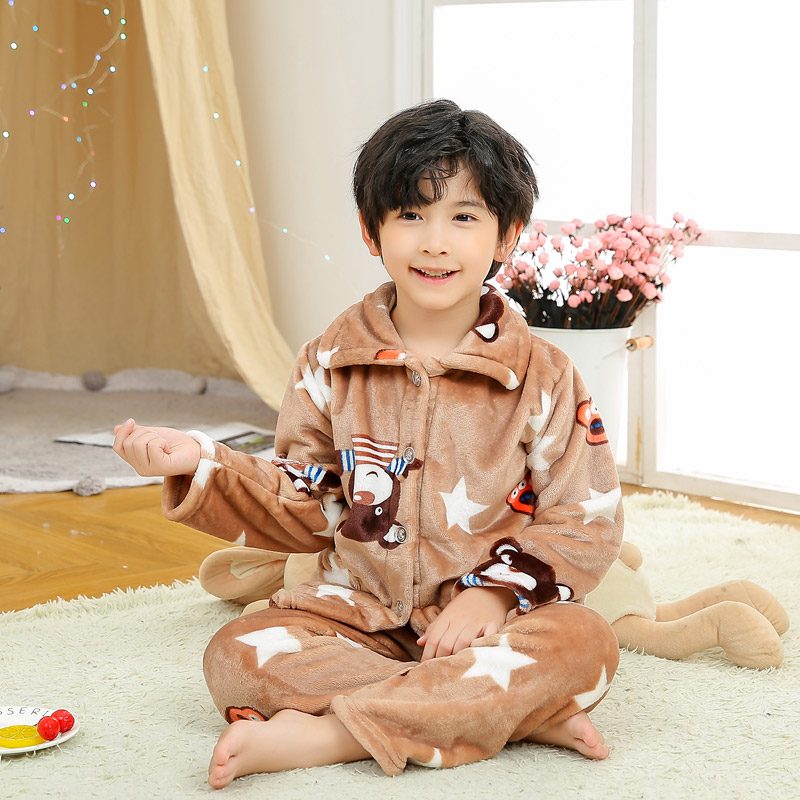 儿童法兰绒睡衣秋冬中小男女童家居服宝宝珊瑚绒加厚保暖可爱套装