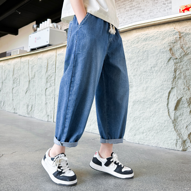 男童裤子夏季薄款2023新款儿童中大童防蚊宽松男孩直筒九分牛仔裤