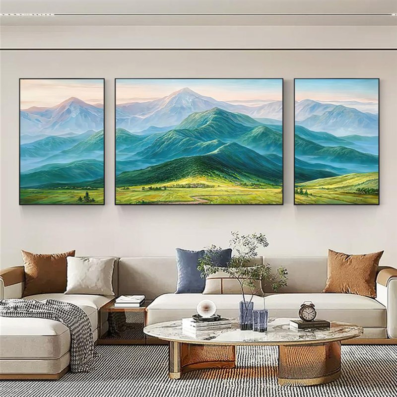 有山无水靠山图客厅沙发背景墙三联画巨人山景挂画东西墙青山壁画