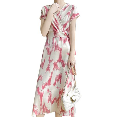 2024夏季新款V领缎面短袖气质连衣裙女宽松显瘦流彩系带长裙裙子