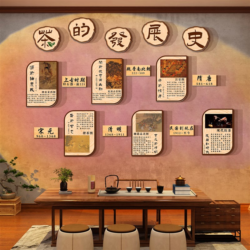 茶室背景墙面装饰品叶馆楼背景文化贴纸氛围布置中式古风挂画发展