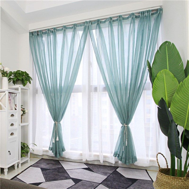 小清新窗帘文艺简约飘窗卧室隔断阳台绿色窗纱魔术贴免打孔自粘式