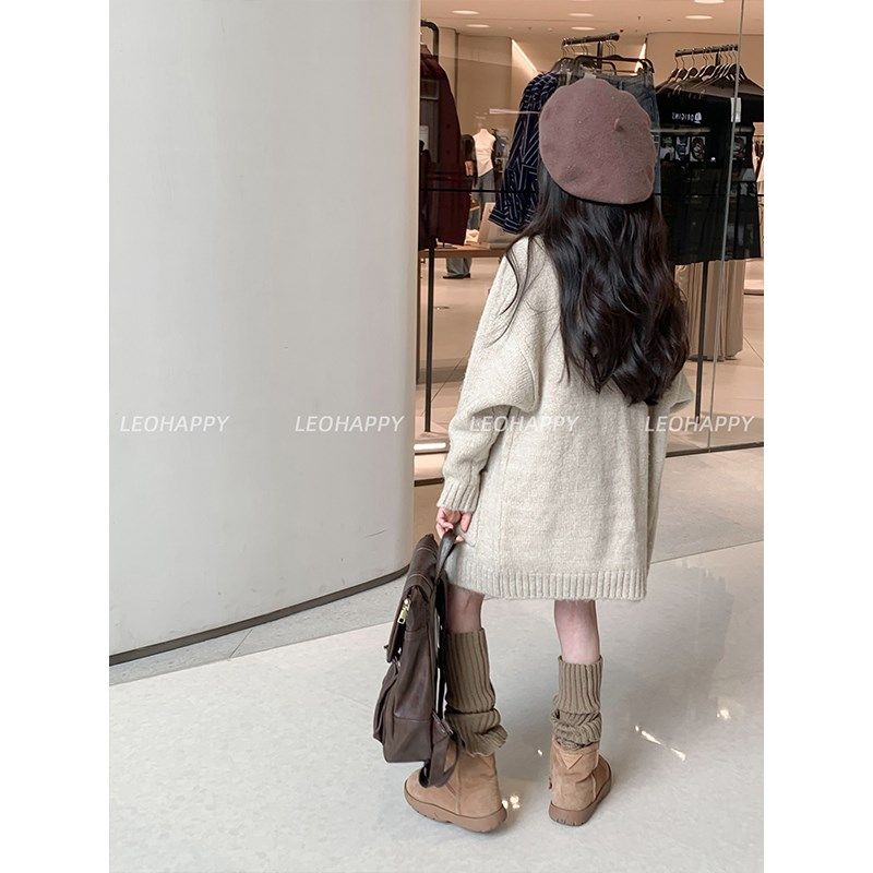 LEOHAPPY女童毛衫春秋款儿童毛绒花纱宽松长款开衫中大童毛织外套