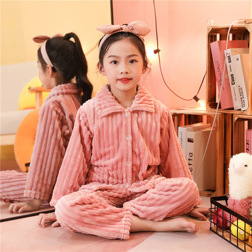 秋冬季儿童法兰绒睡衣女童宝宝男童家居服女孩加厚冬款男孩珊瑚绒