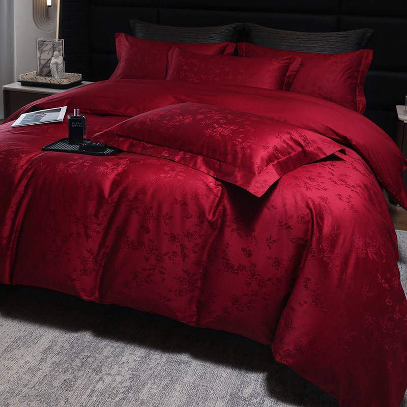 轻奢风婚庆四件套100S长绒棉提花被套酒红色纯棉床单结婚床上用品