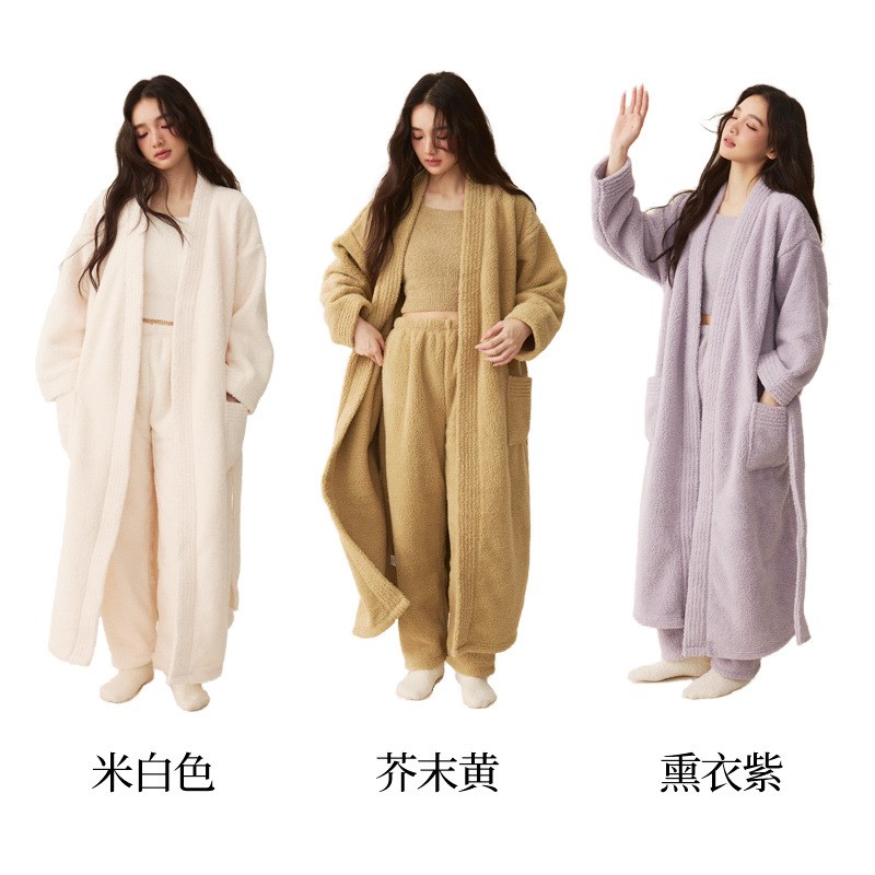 2024新款秋冬季女士睡衣半边绒加长厚睡袍珊瑚绒套装加长款晨浴袍
