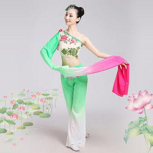 修身 女伞舞民族舞演出服且吟春雨表演舞蹈服装 飘逸 古典水袖 新款