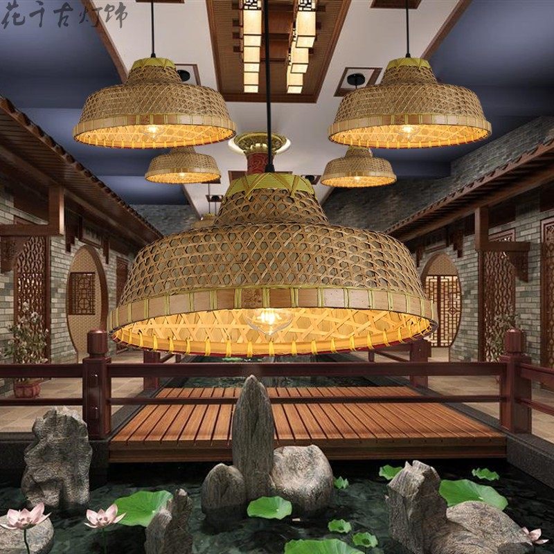 草帽斗笠吊灯竹子个性田园农家乐火锅店烧烤创意乡村风格农庄灯具