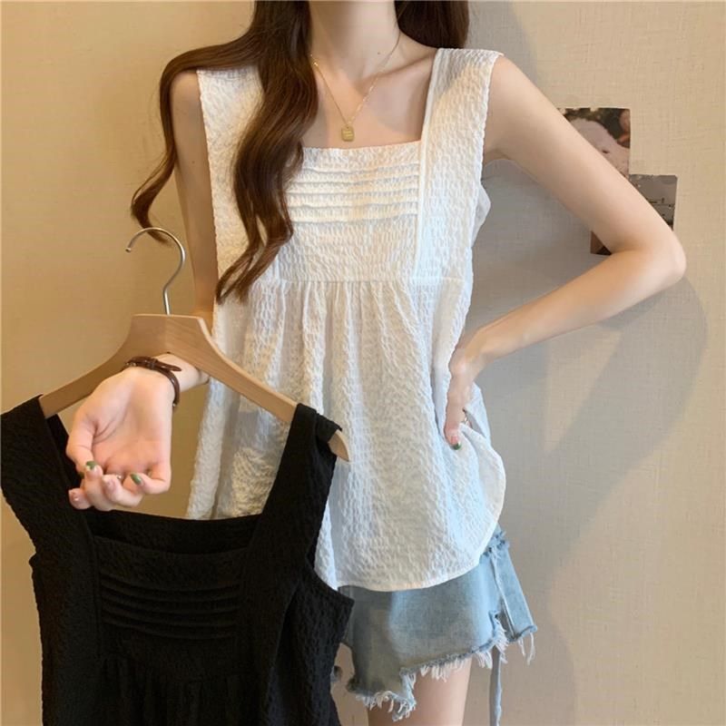 大码胖mm外穿宽边无袖吊带背心女夏季内搭显瘦褶皱荷叶边打底上衣