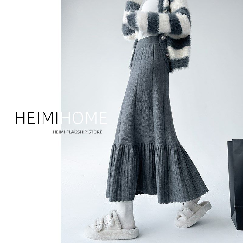 灰色毛线针织半身裙女秋冬款加厚百褶长裙小个子荷叶边a字中长裙,女装/女士精品,半身裙,淘宝优惠券,粉丝福利购,淘宝优惠卷