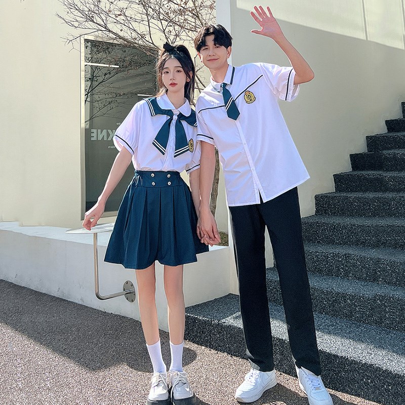 初中高中学生班服衬衫套装毕业照拍照情侣装夏装短袖衬衣裙子校服