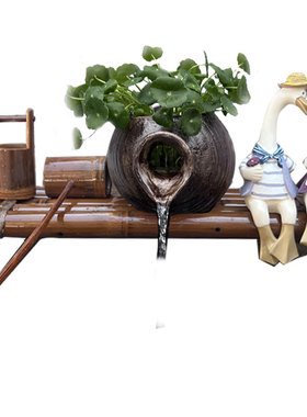 庭院陶罐流水器陶瓷鱼缸循环过滤增氧竹子搭配水池石槽造景摆件配