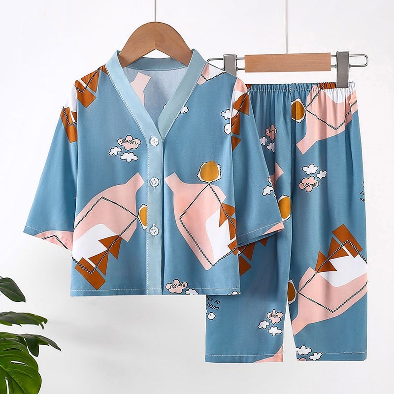 儿童夏季棉绸睡衣薄款男童女孩长袖绵绸小孩子宝宝家居空调服套装