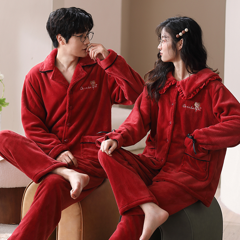 思馨坊冬季保暖睡衣情侣珊瑚绒加绒加厚红色结婚新婚男女士家居服