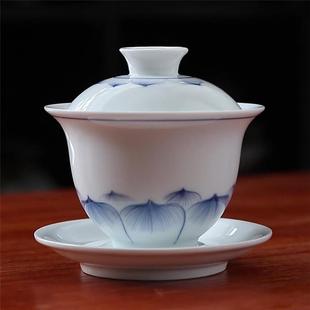 白瓷手绘陶瓷盖碗茶杯大号泡茶三才碗功夫茶碗青花家用单个釉下彩
