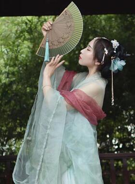 丝艺堂小清新6.6寸女扇草绿色折扇舞蹈汉服扇子纳凉便携小扇子