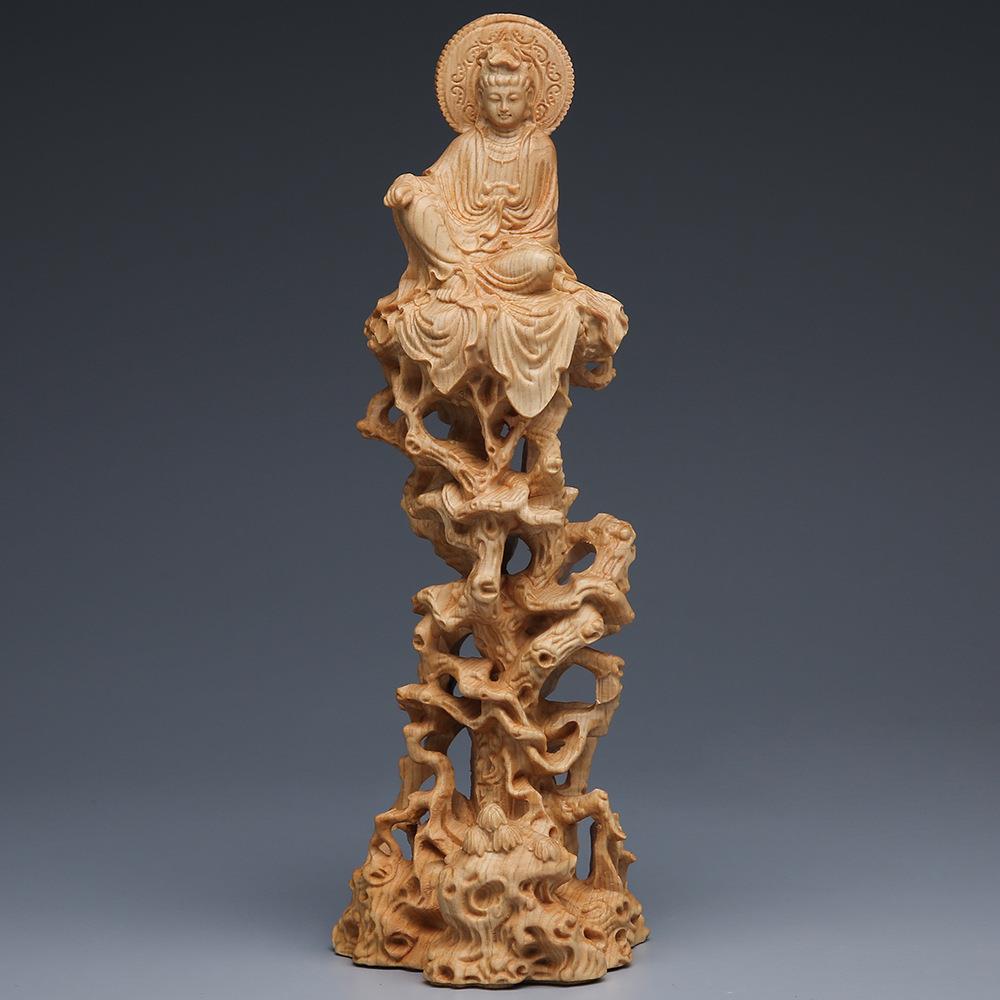 崖柏坐树藤观音佛像摆件 木质工艺品客厅实木雕刻自在观音菩萨