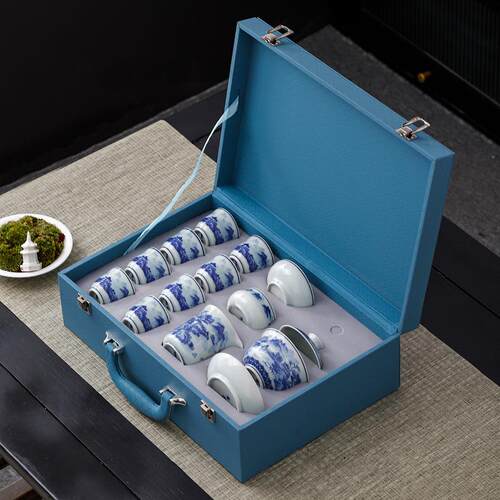 新品仿古青花三才盖碗功夫茶具套装整套家用陶瓷茶器套组