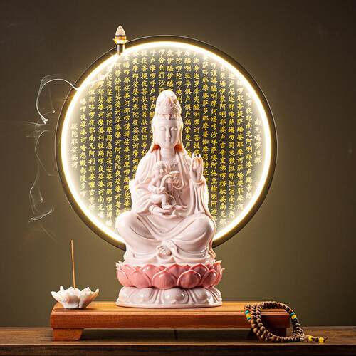 陶瓷送子观音娘娘佛像供奉家用神像坐莲求子大观世音菩萨像灯摆件