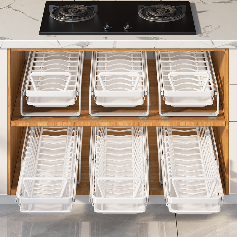 新款厨房抽拉碗j碟收纳架橱柜碗架拉篮抽屉式放碗盘盘子沥水置物