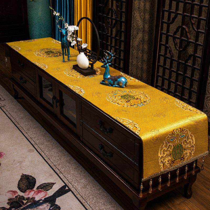 新中式电视柜盖布中国风缎面长桌旗茶几桌布餐桌垫定制床头柜盖巾